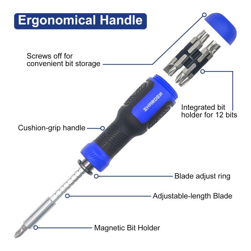 SHARDEN Multibit Screwdriver 13-in-1 Screw Driver Set Adjustable Extension Screwdriver Multitool All in One with Torx Security  Flat Head  Phillips  Hex  Square and 1/4 Nut Driver - Image 3